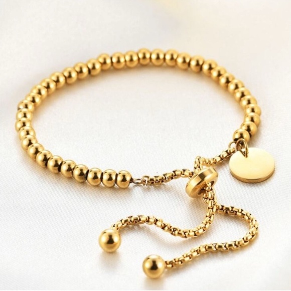 Gold Plated Stainless Steel Beaded Adjustable Bracelet - Picture 1 of 2